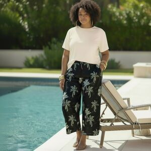NWT J. Jill Black Full Leg Cropped Pants with White Palm Trees Size XL Petite
